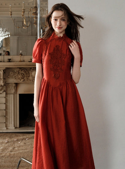 French Hepburn Red Short Sleeve Dress