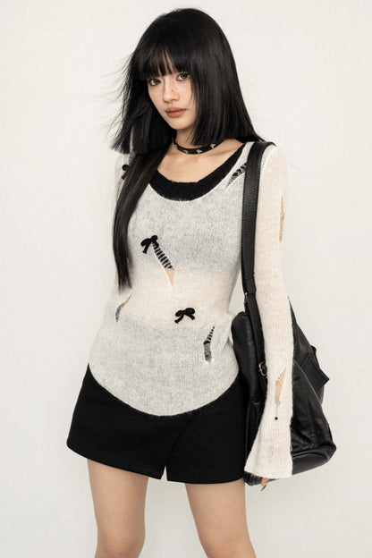 Long-sleeved Bow Design Slouchy Top