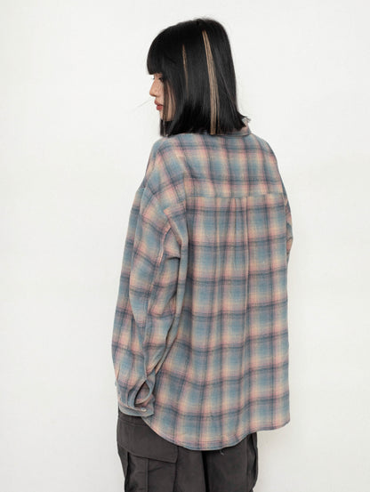 Plaid Color-Blocking Long-Sleeve Shirt