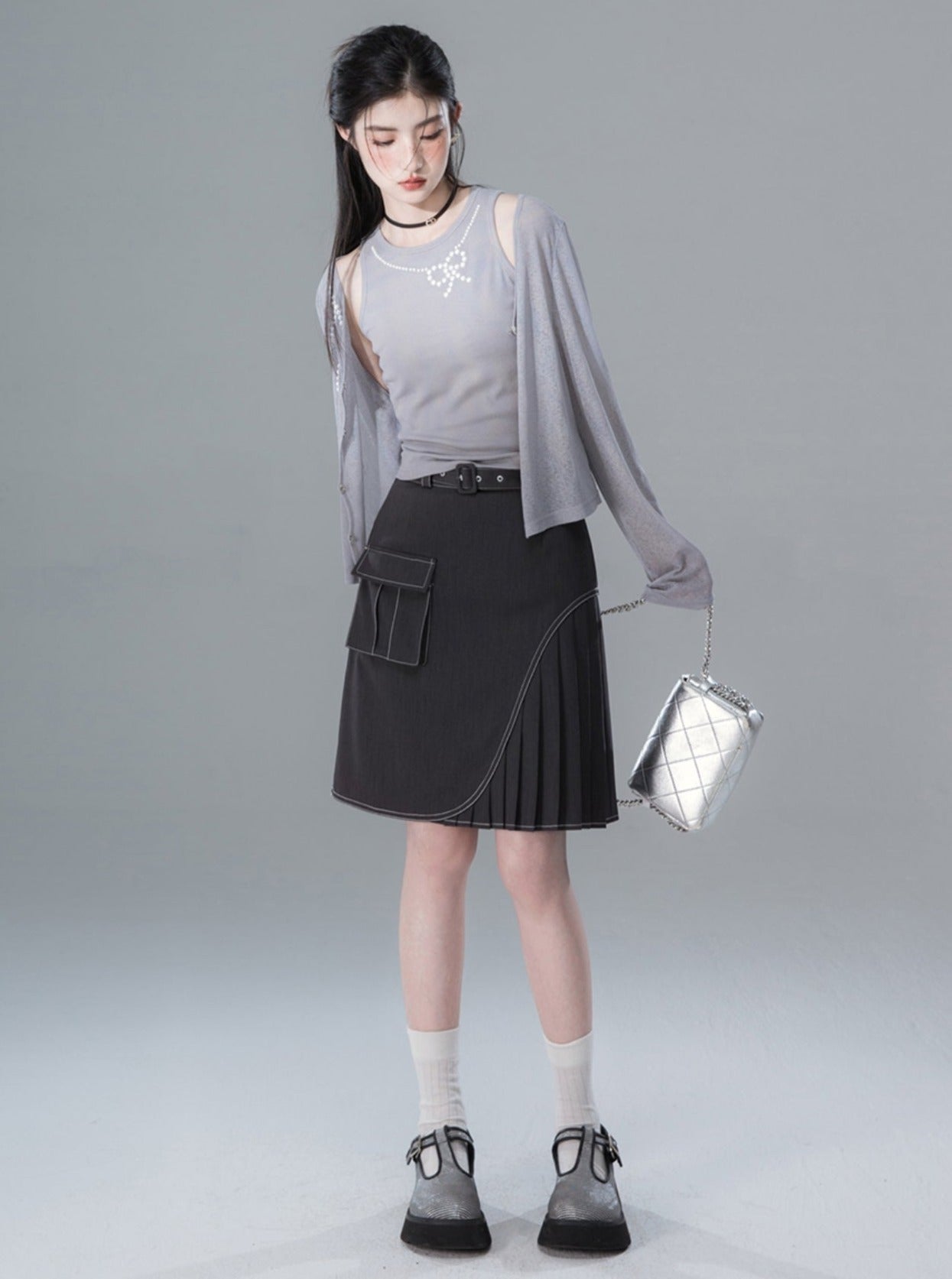 Smoked Topstitched Pleated Skirt