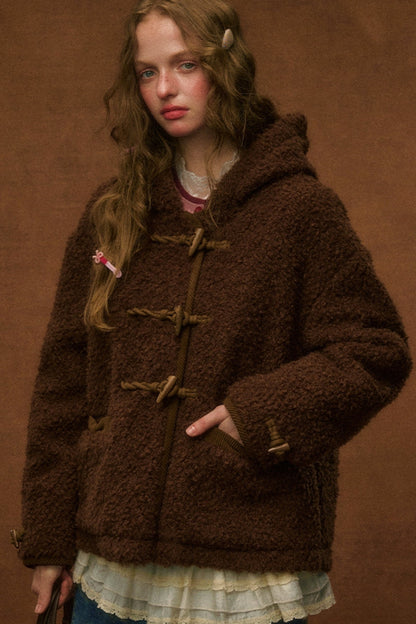 Bow Hooded Lambswool Horn Button Coat