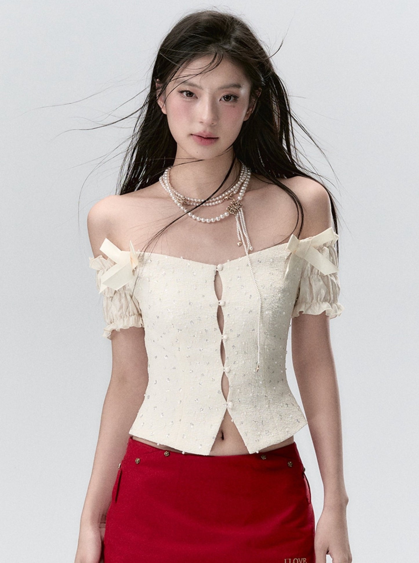 Pearl Mesh One-Shoulder Shirt