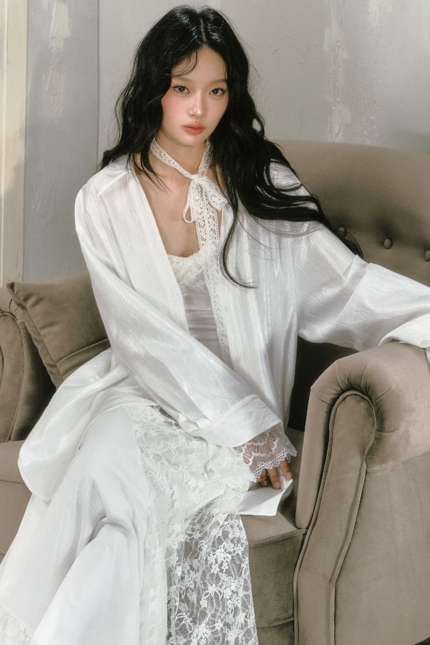 SALTHe Salt Tea, Jasmine White Moss, Pure Lust, Lace Patchwork Shirt, Bow Back Collar, Cut-out Top