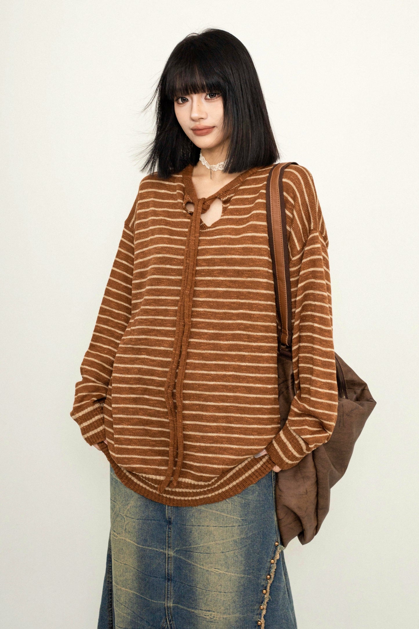 OCTTFLAB Herbst/Winter Lazy Lace-up Striped Loose Sweater Women's 2024 New Hooded Pullover Knit