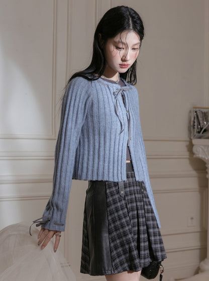 Ribbon Woolen Knitted Cardigan Two Piece Set