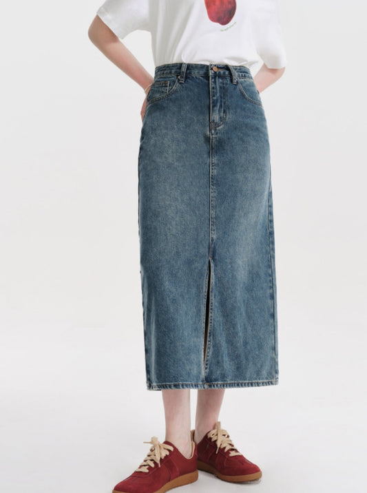 DESIGNER PLUS Korean slit denim skirt summer small midi retro high-waisted a-line skirt