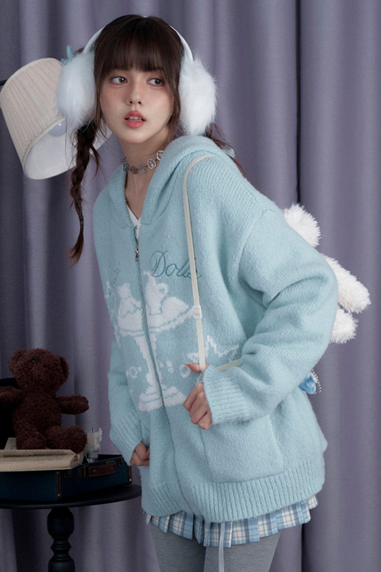 SagiDolls Girl's Fighting Spirit Winter Visitor Fairy Tale Jacquard Lake Blue Hooded Sweater Appears White Loose and Versatile