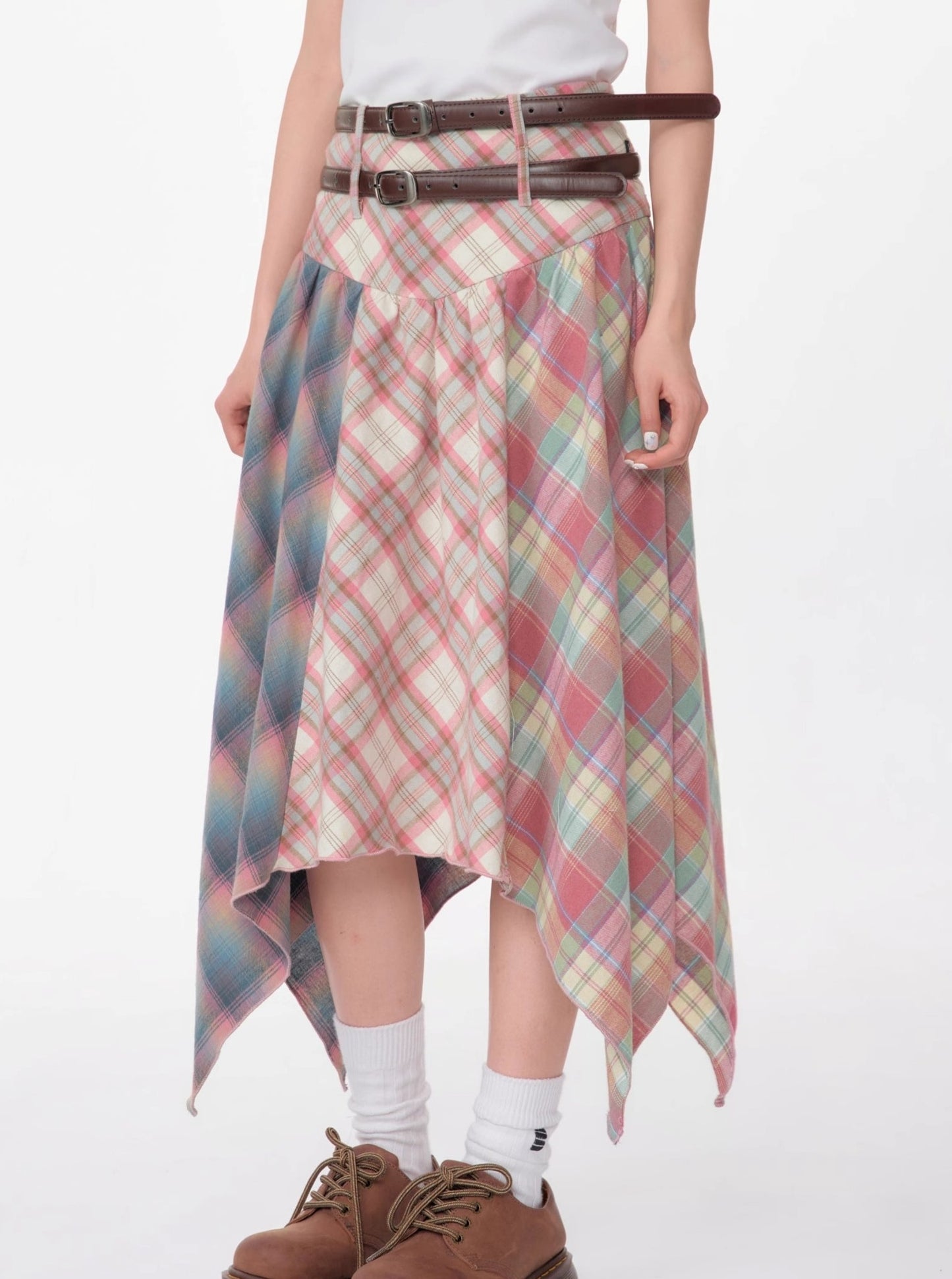 Contrast Stitching Pink Plaid Skirt