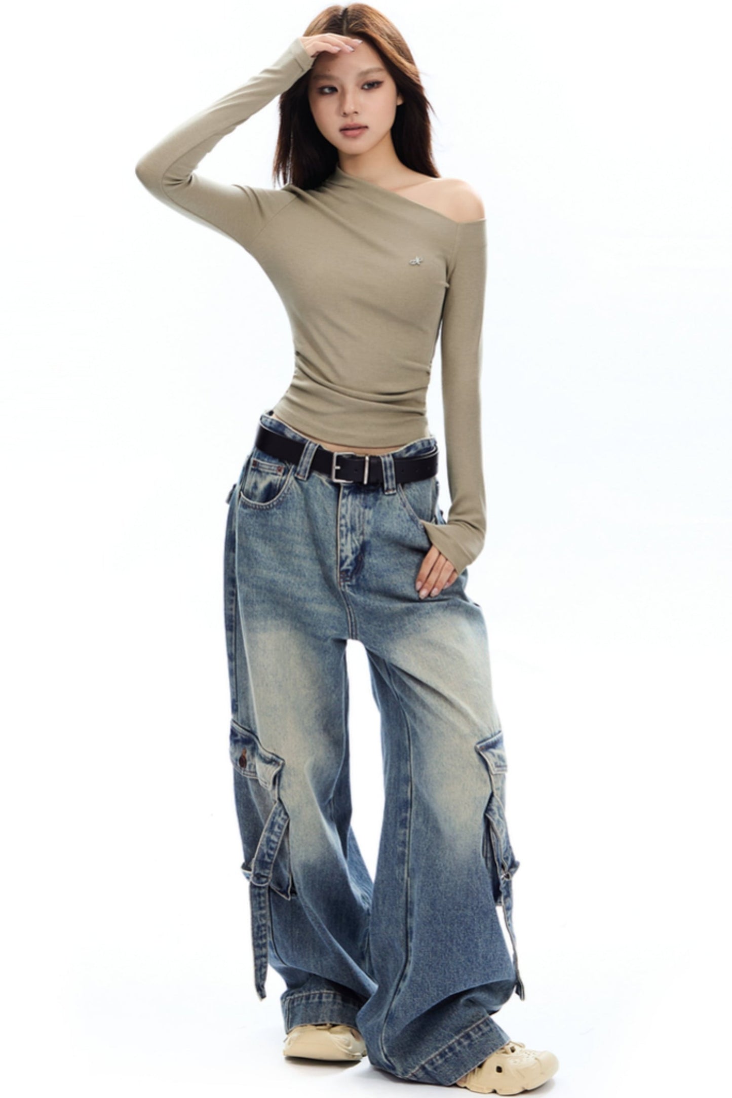 APEA American Retro Wash Distressed Cargo Jeans Women's Fall 2024 New Loose Straight Wide Leg Pants