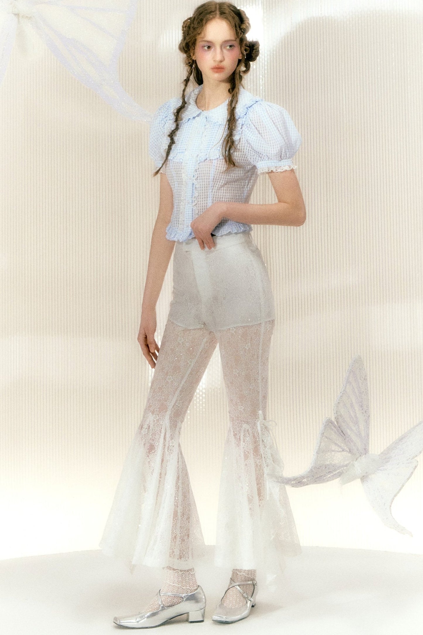 White Sequin Lace Flared Pants