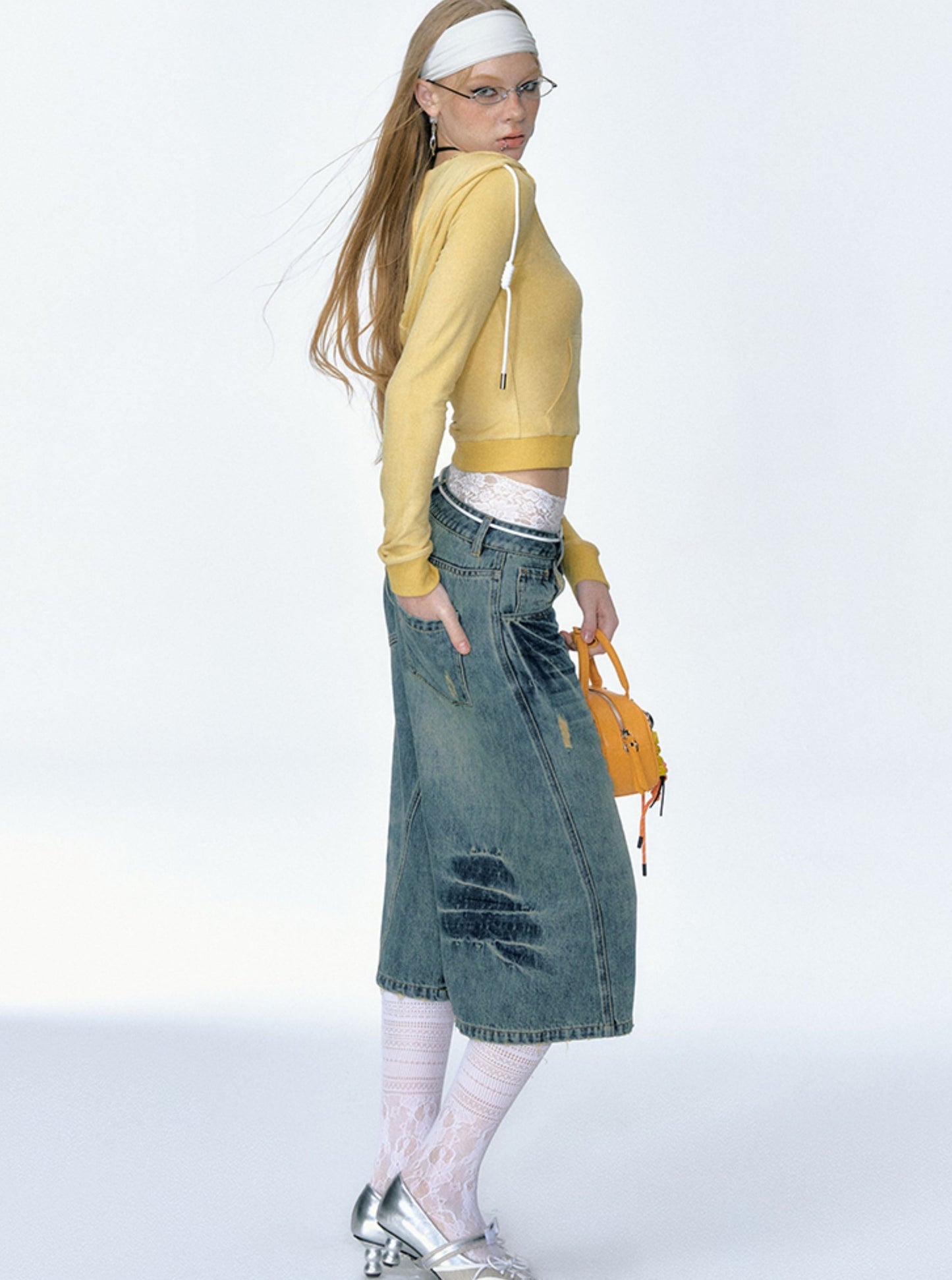 [Curriges Juli 9 New Arrival] retro distressed washed loose wide-leg babes denim cropped pants