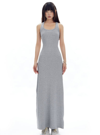 French U-Neck Knitted Maxi Dress