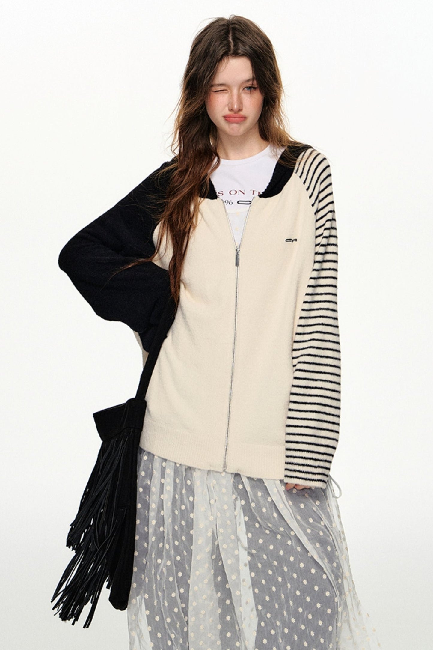 Black and White Striped Hooded Cardigan