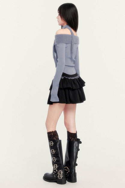 Gray Blue Cake Skirt Knitwear Set-UP