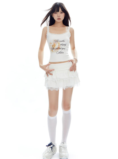 Lace Trim Camisole & A-Line Skirt Set-Up