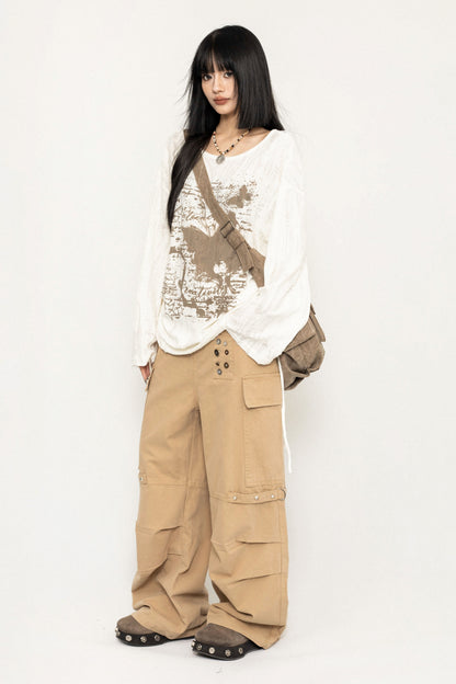 Casual Button Wide-Leg Cargo Pants