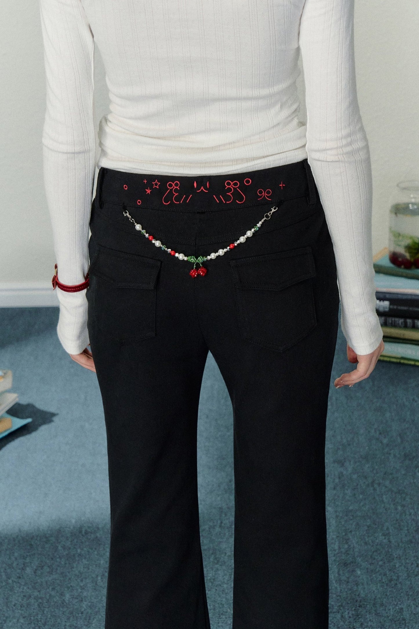 AYF embroidered beaded trousers Autumn loose design sense lazy wind relaxed sense slim bootcut slacks women