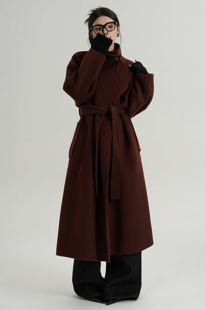Red Long Stand-Up Collar Wool Coat