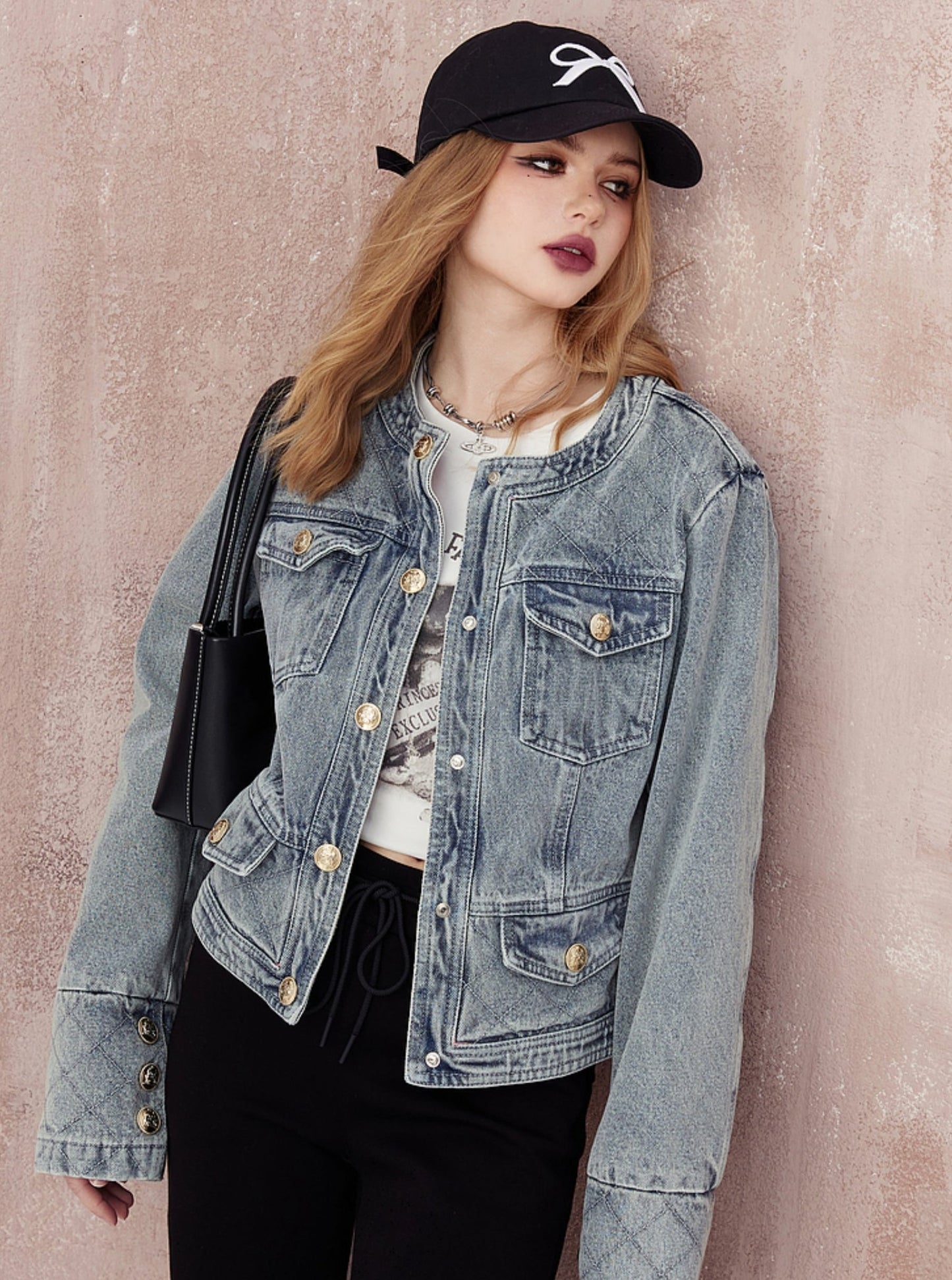 Round Neck Cropped Denim Jacket