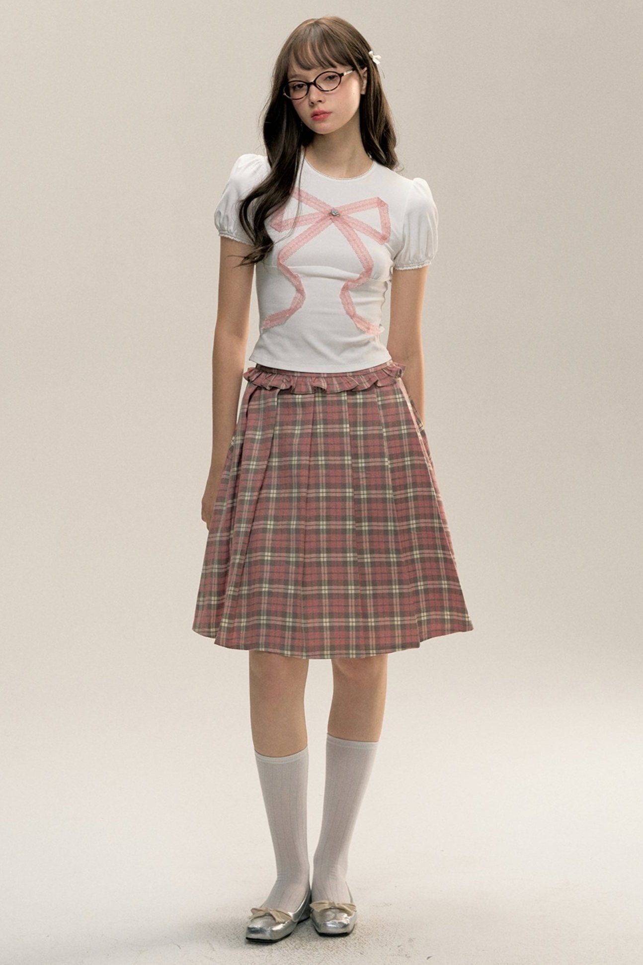 Plaid Diary Pink Lace Pleated Skirt