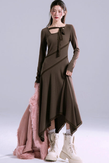 Asymmetric Lace Knitted Dress