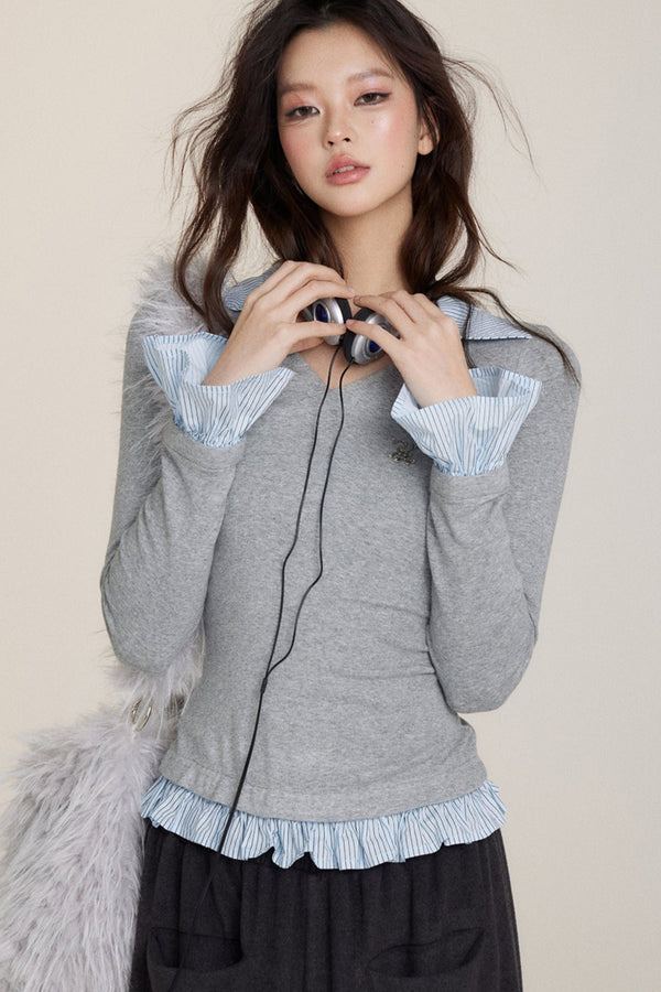 브이넥 스티칭 긴팔 탑 