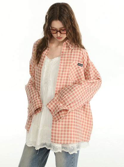 CyNi American Flocked Pink Checkered Shirt Women's Spring and Autumn Top Jacket Long Sleeve Shirt Loose Retro Niche Design o