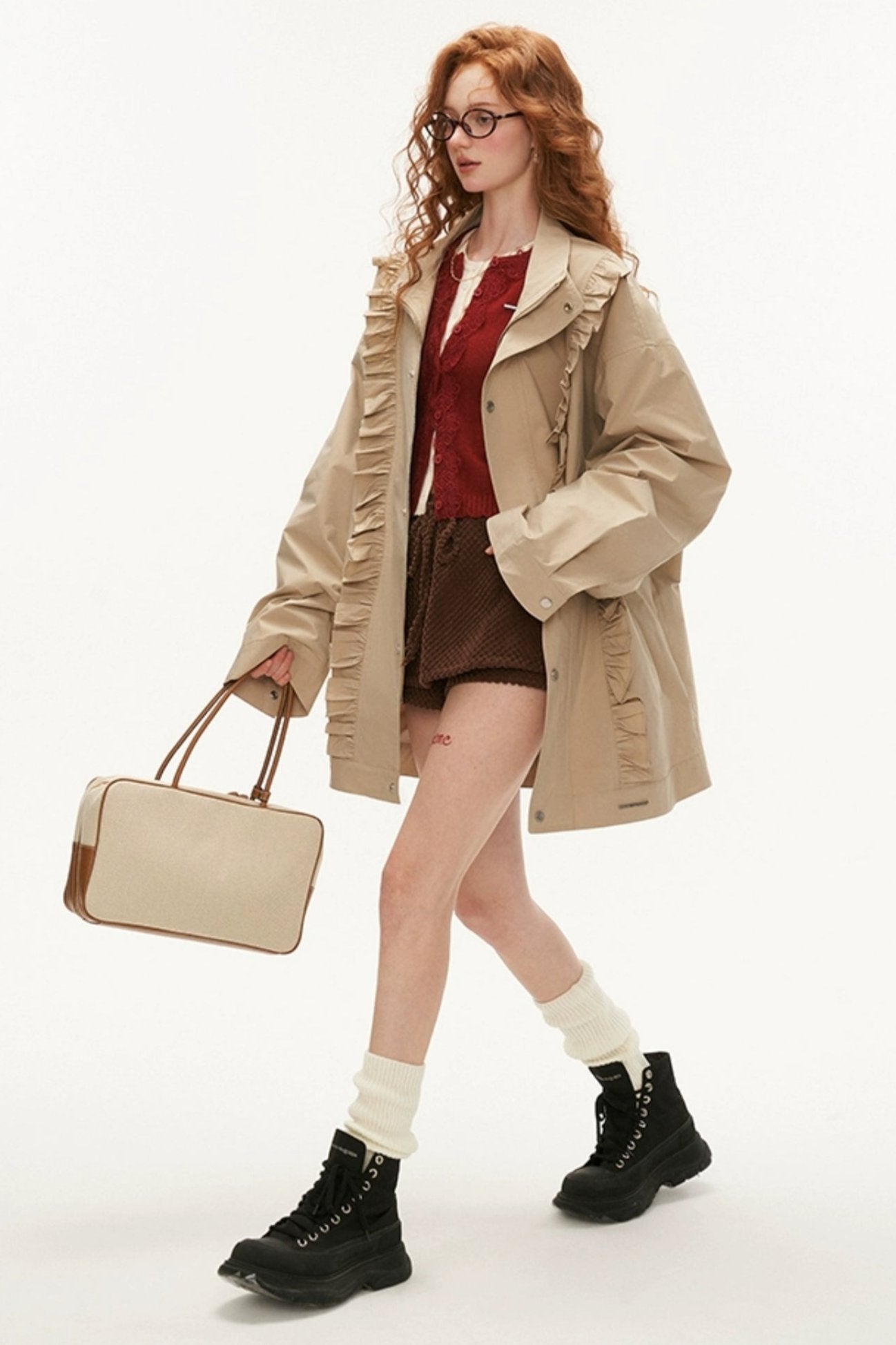 KHAKI FUNGUS EDGE TRENCH COAT