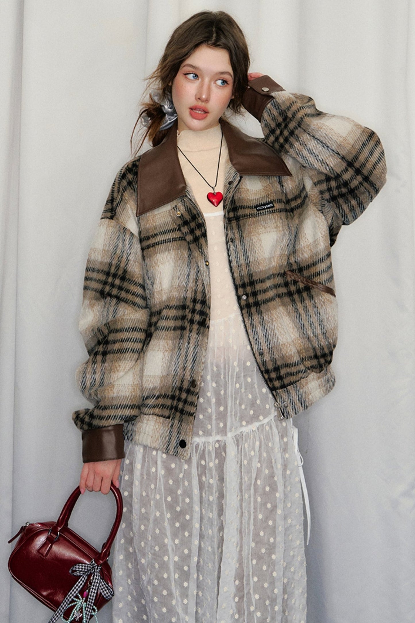 CyNi American Plaid Woolen Jacket Top, Wolle Tweed Revers, Herbst weiblich braun Temperament, Senior Short O