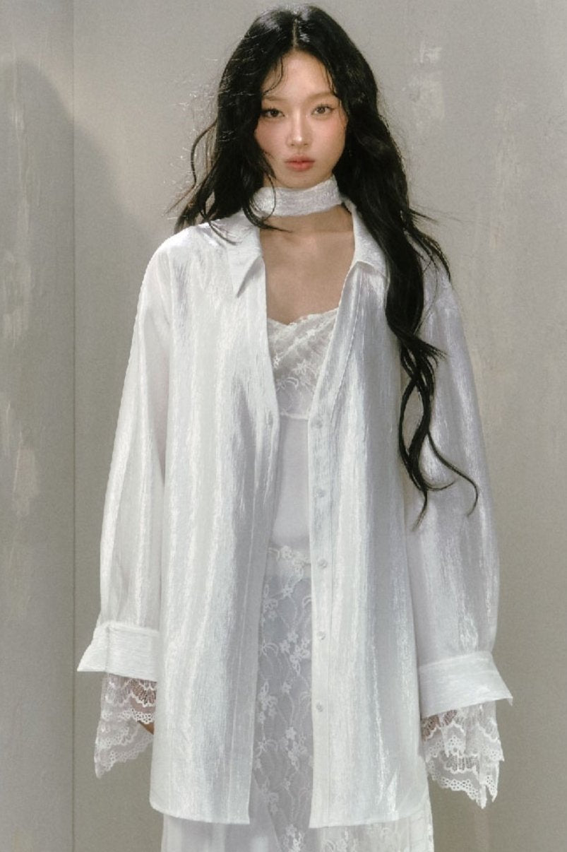 SALTHe Salt Tea, Jasmine White Moss, Pure Lust, Lace Patchwork Shirt, Bow Back Collar, Cut-out Top