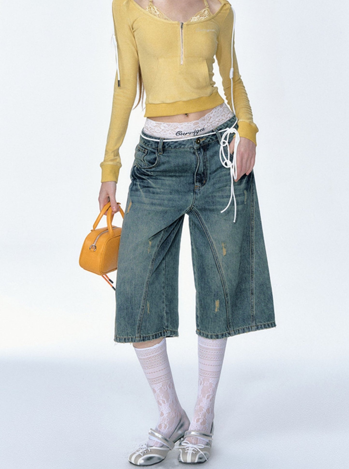 [Curriges Juli 9 New Arrival] retro distressed washed loose wide-leg babes denim cropped pants