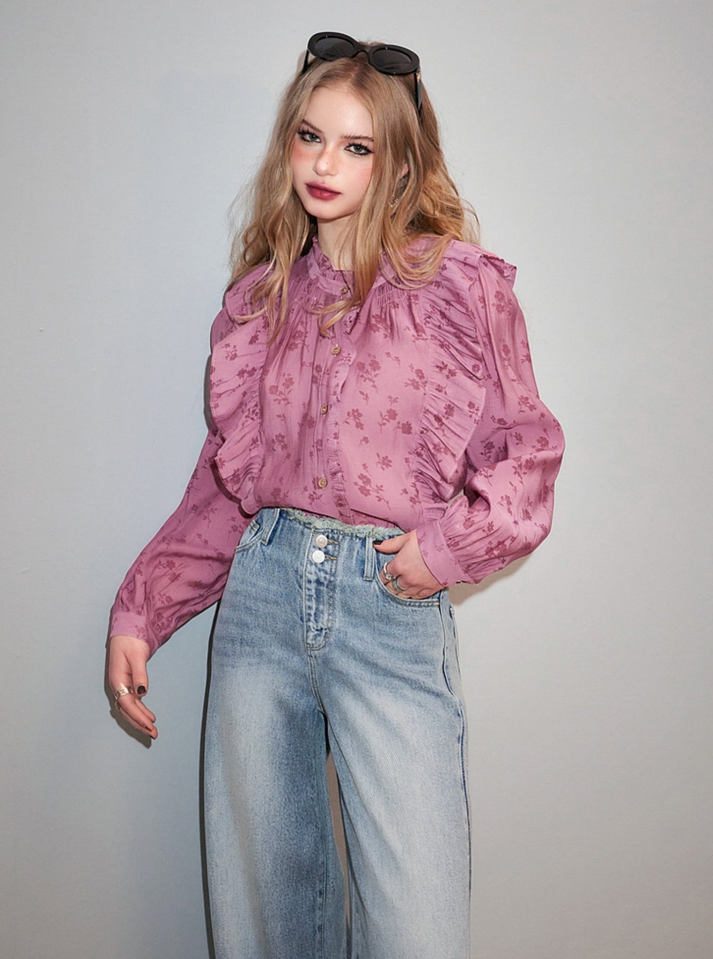 Balloon Sleeve Floral Chiffon Shirt