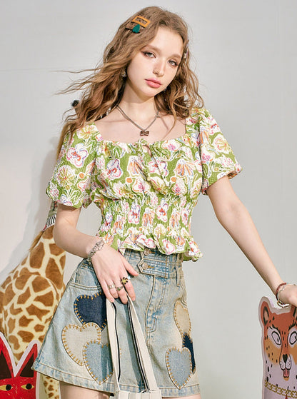 Puff Sleeve Cinched Waist Floral Top