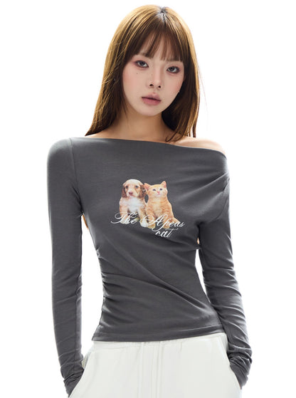 Slanted Shoulder Cat & Dog Print Top