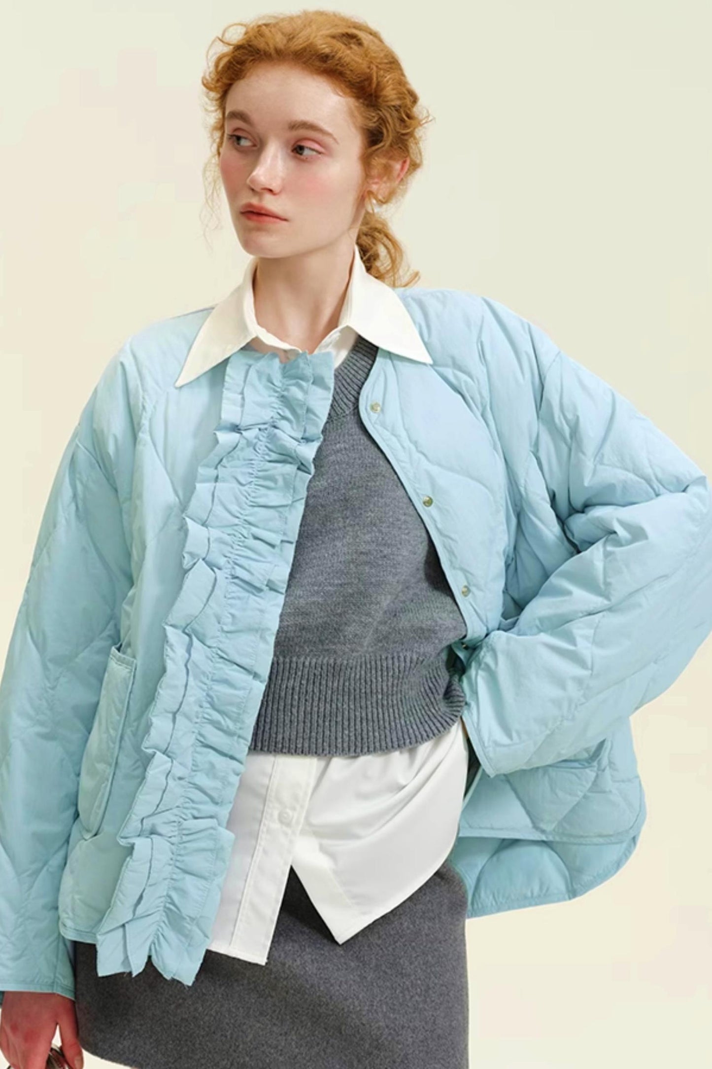 Blue Fungus Trimmed Short Down Jacket