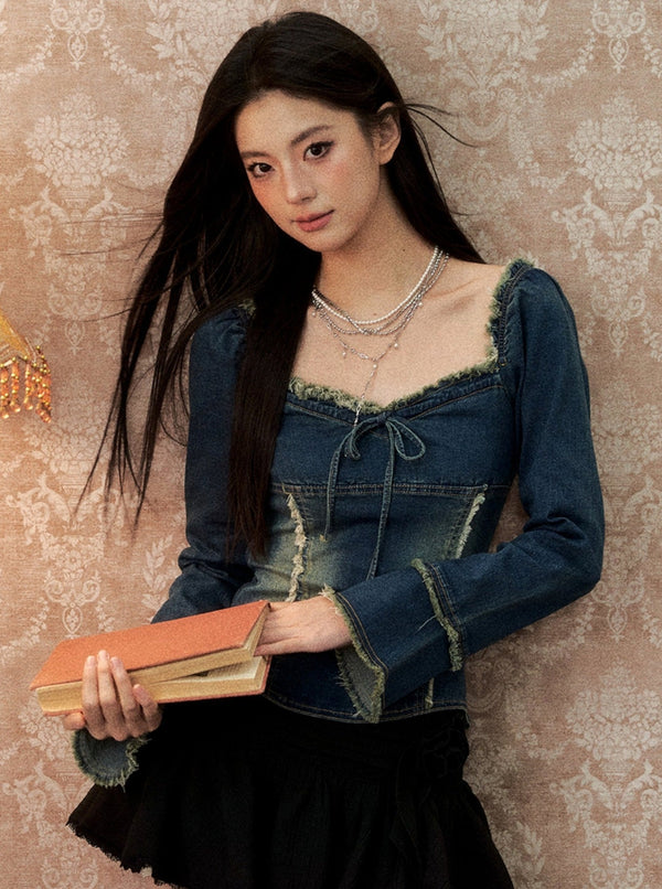 Denim One-Shoulder Raw Edge Top