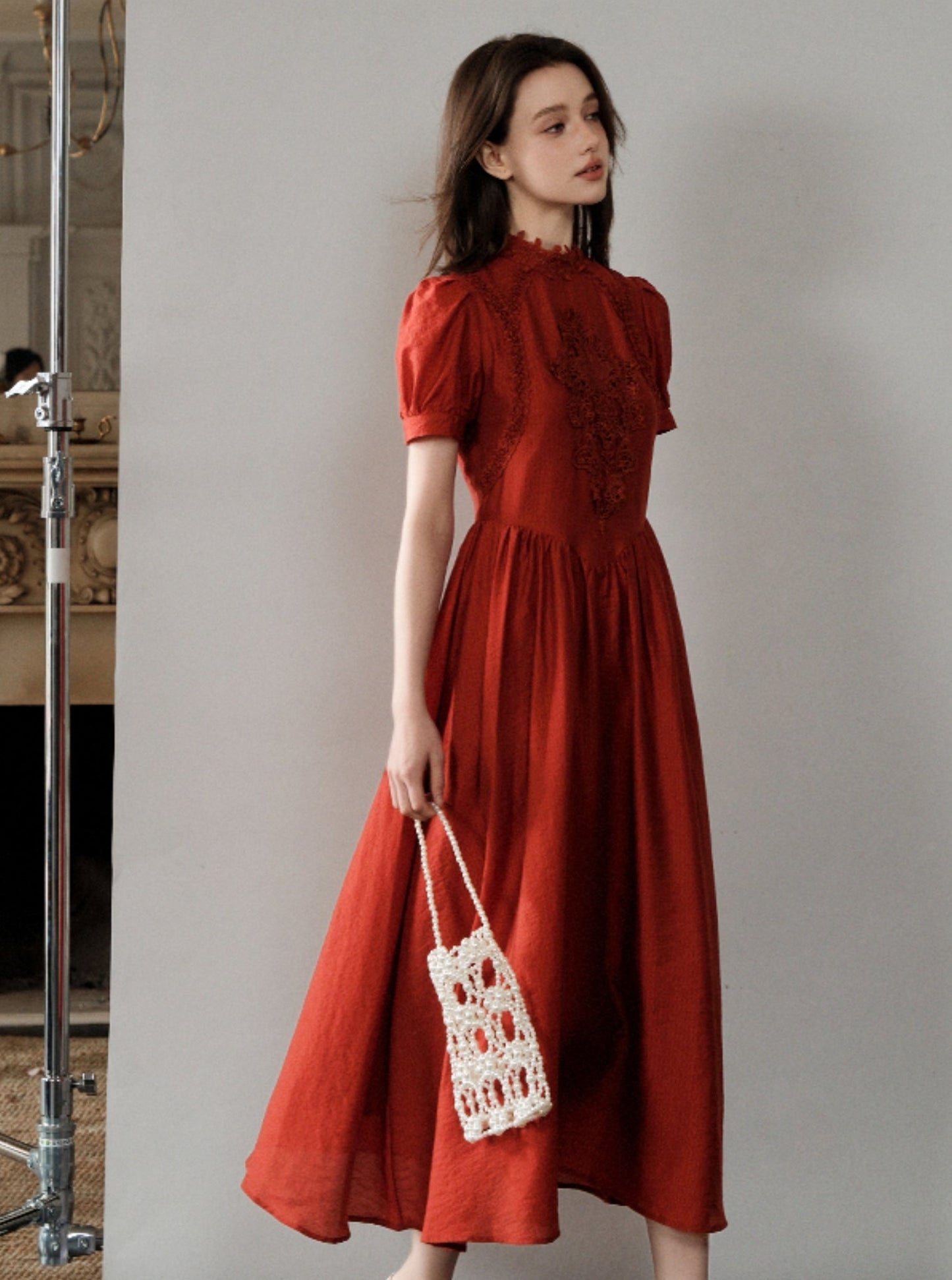 French Hepburn Red Short Sleeve Dress