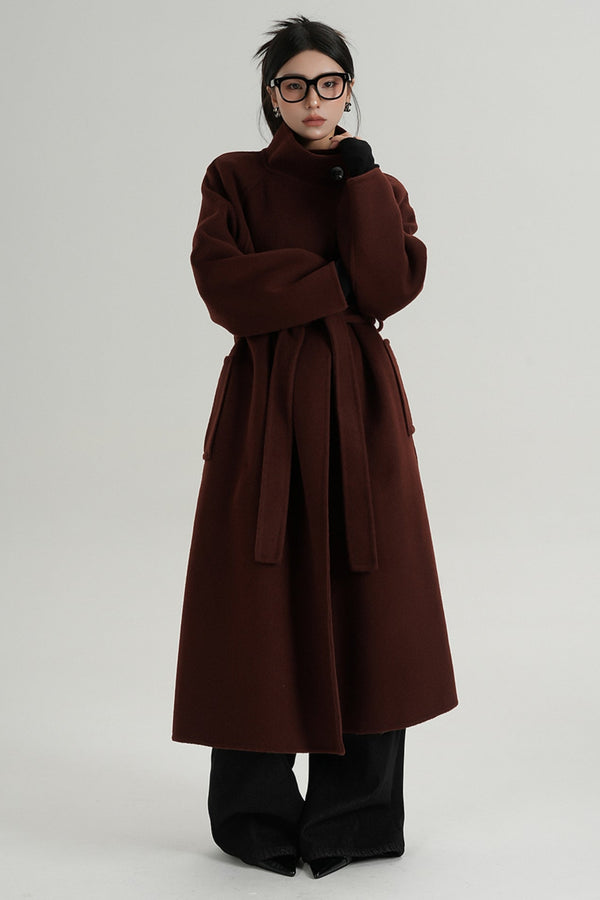 Red Long Stand-Up Collar Wool Coat