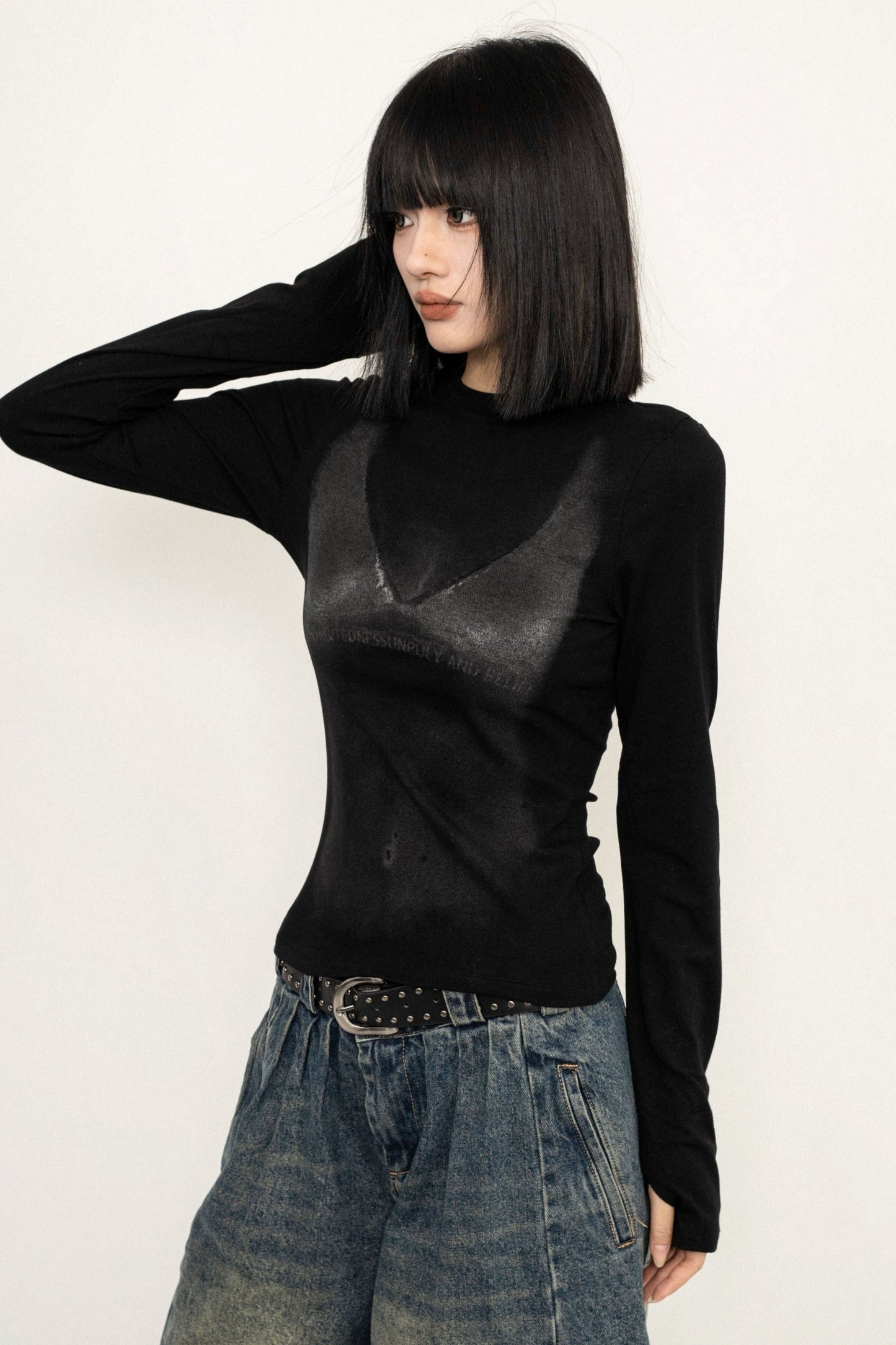 OCTTFLAB American Retro Black Long Sleeve Shoulder Top, Small T-Shirt, New Slim Slim Body, Flesh Covering Woman