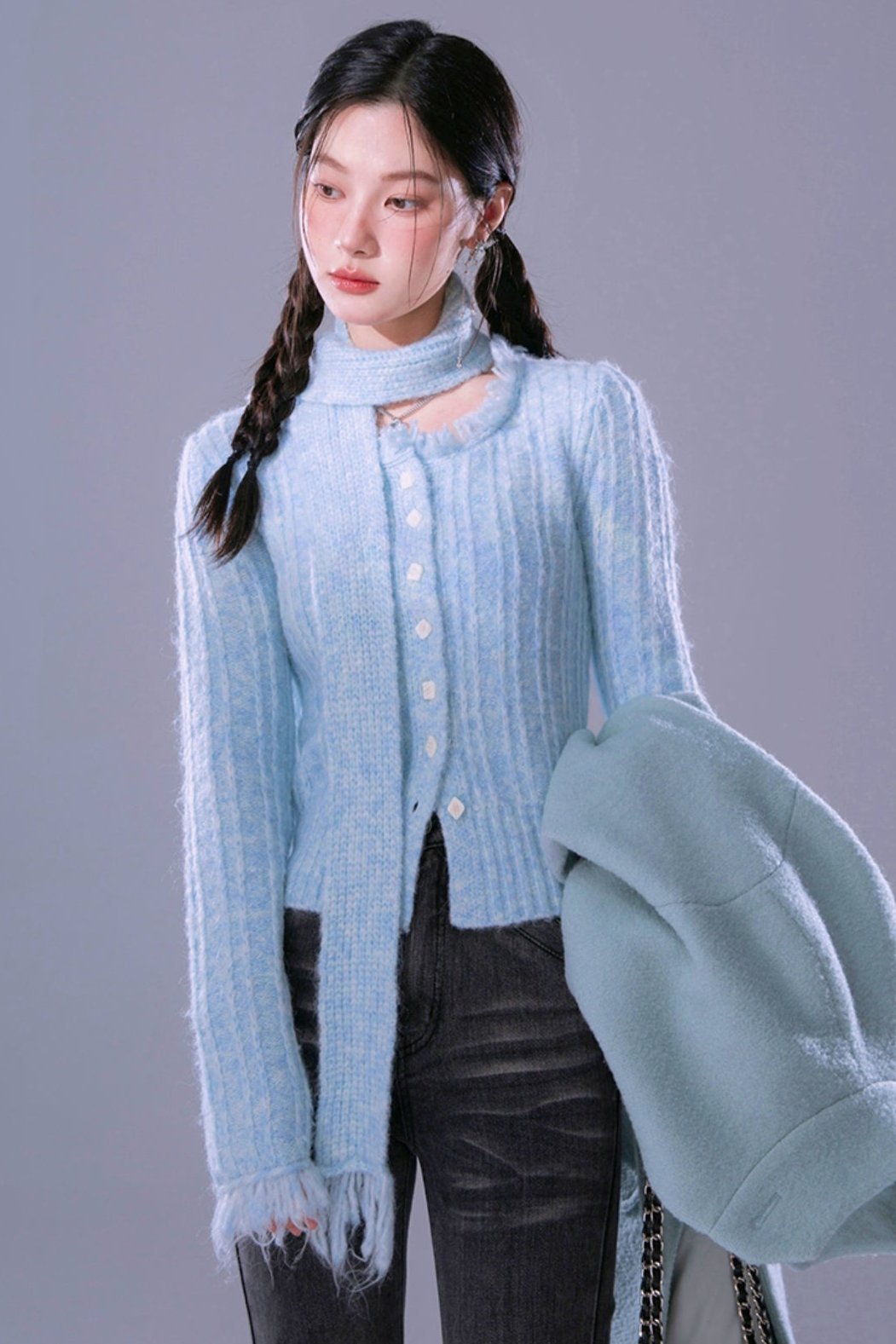 COTRE Sweet Mist Vibe Alpaca Milk Mist Blue, Sunset Pink, Tassel Small Fragrance Wool Cardigan