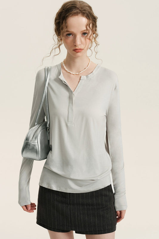 DESIGNER PLUS Henley Collar Open Sleeve Wool Base Layer Worn Over Lightweight Slim Loose T-Shirt