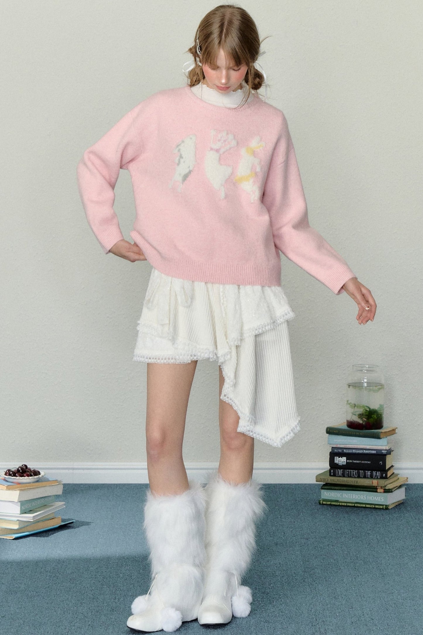 AYF Plush Bunny Sweater Fall/Winter French Vintage Sweet Lazy Loose Crew Neck Pullover Knit Sweater Women