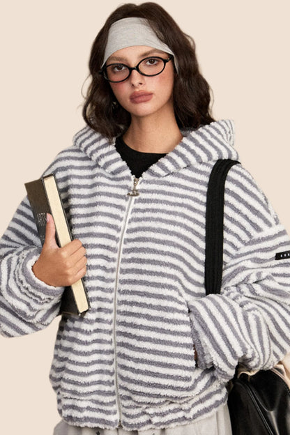 EZEK American retro striped hooded thickened cotton jacket for women in autumn and winter new loose short trendy brand cotton jacket