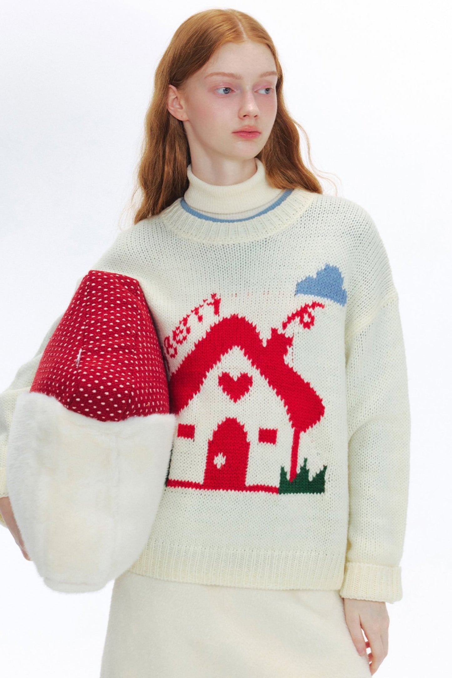 WhyBerry 24AW "Fairy Tale House" Cute Loose Little House Pullover Einfache Rundhalsausschnitt Lazy Style