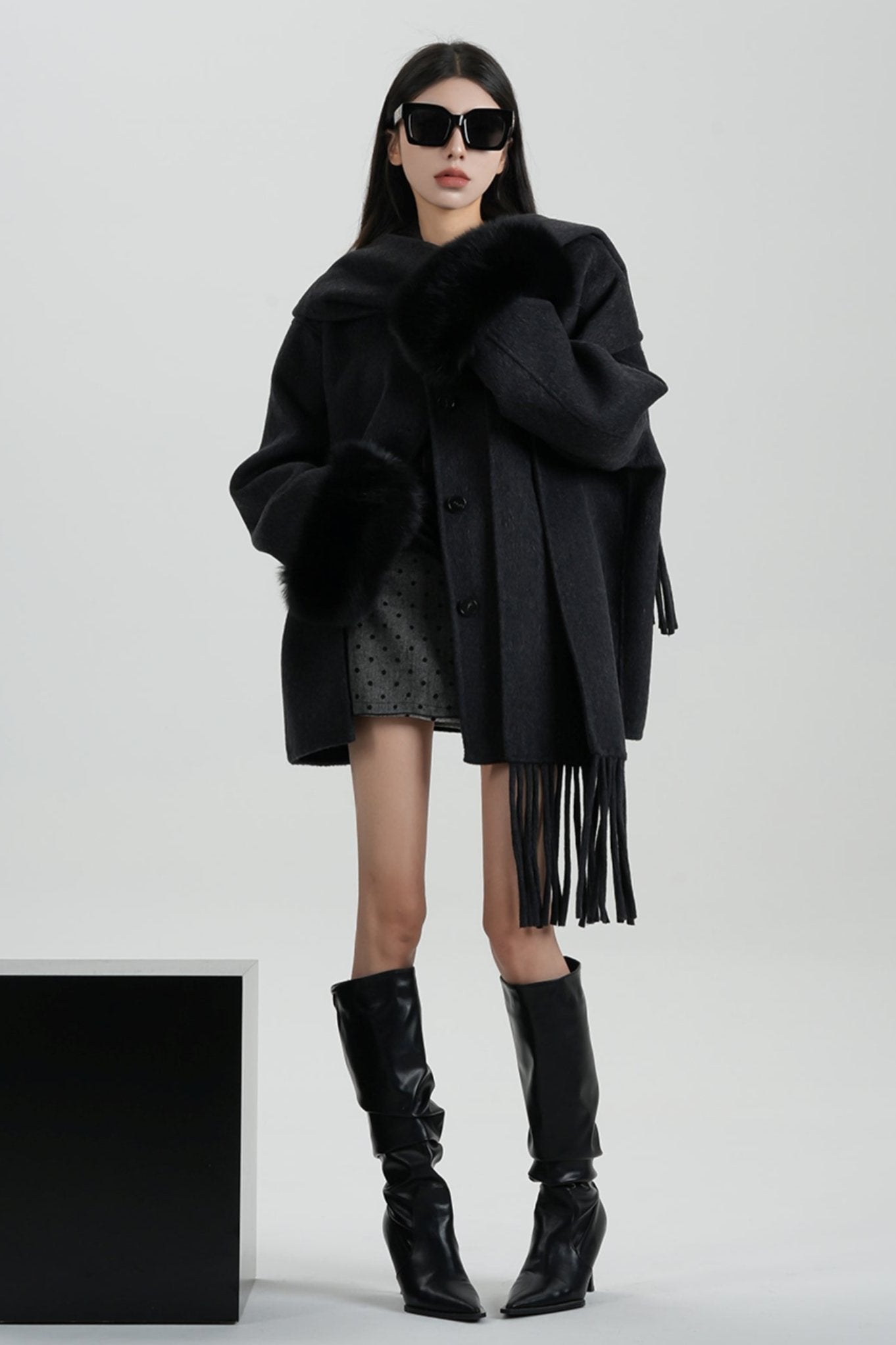 Fox Fur Sleeve Mid-Length Wool Coat