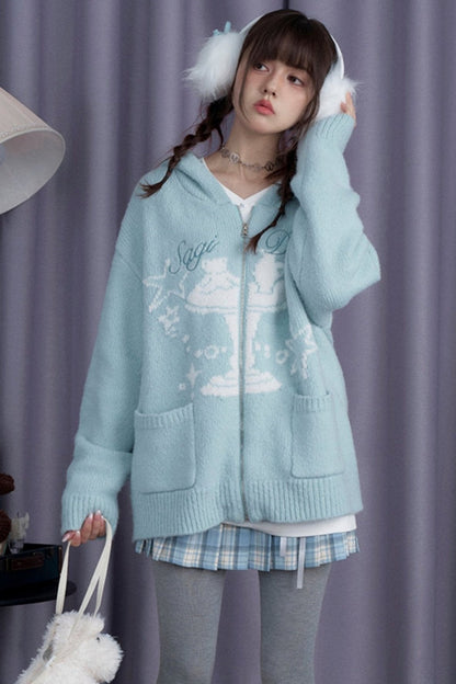 SagiDolls Girl's Fighting Spirit Winter Visitor Fairy Tale Jacquard Lake Blue Hooded Sweater Appears White Loose and Versatile