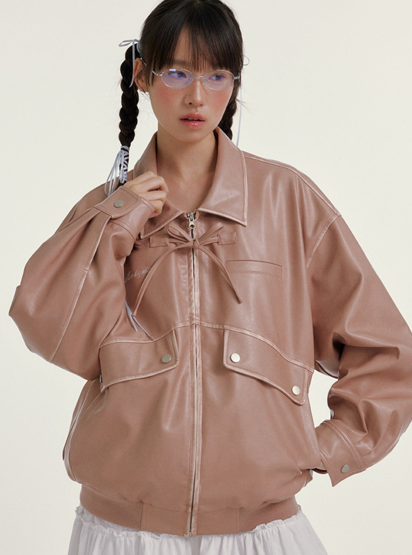 Niche Pink Bow Leather Jacket