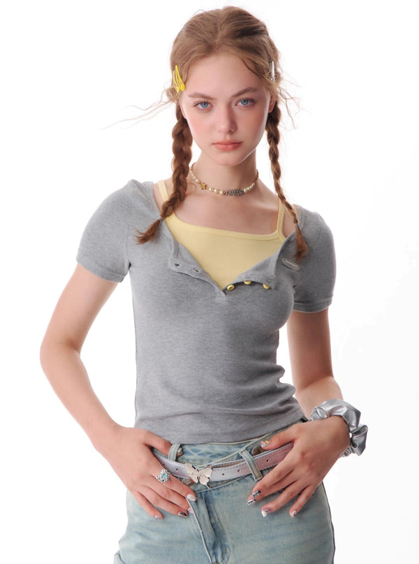 Two-Shoulder Slim Retro T-Shirt