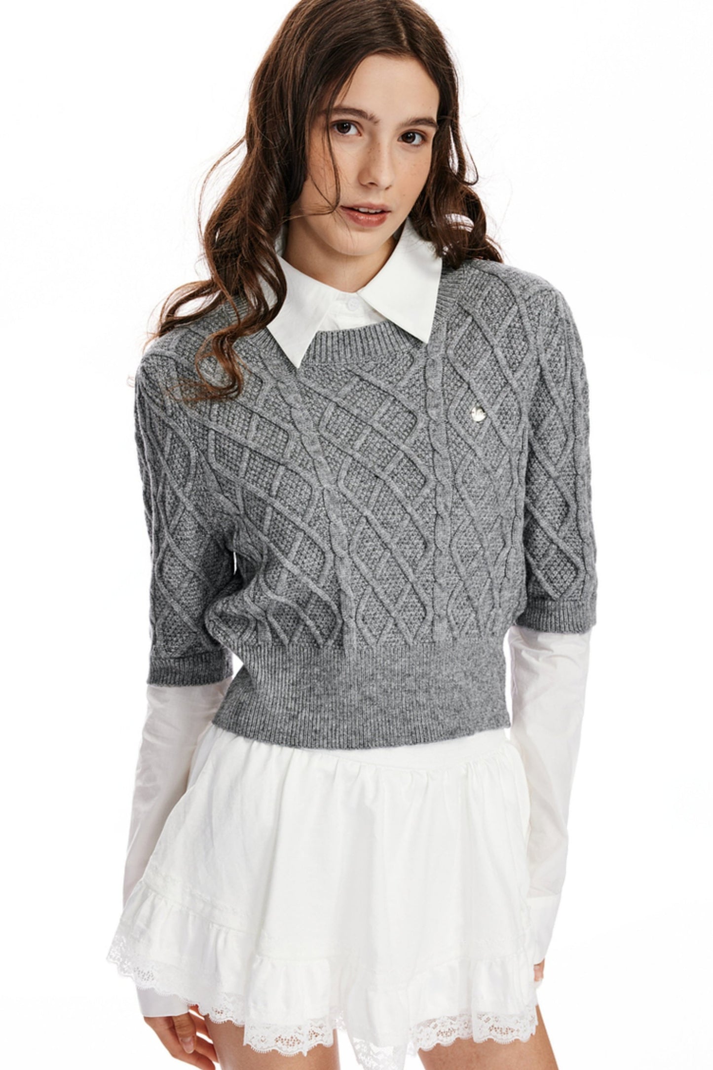 Shirt Collar Stitched Knit Sweater