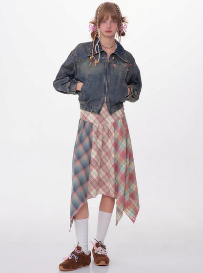 Contrast Stitching Pink Plaid Skirt